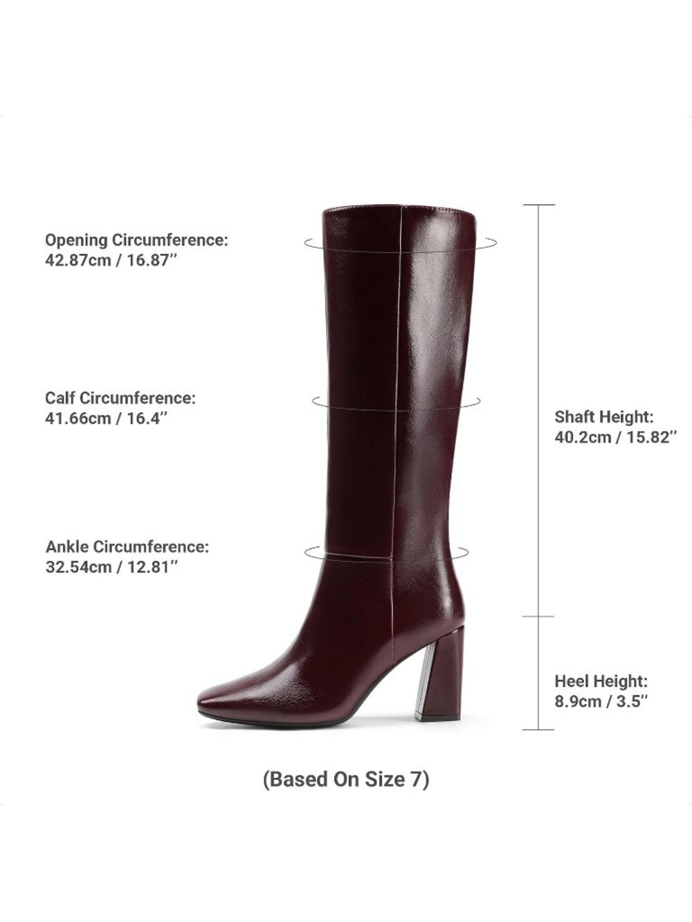 Women's Burgundy Faux Leather Square Toe Block Heel Side Zipper Knee High Boots - Picture 6 of 6